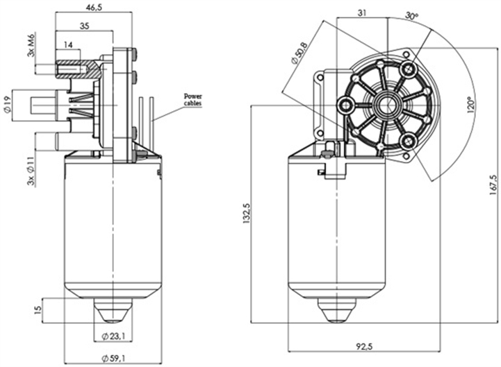 Disegno tecnico GMR-59-31-Z2 Motoriduttori CC diametro 59 interasse 31 - Elvi