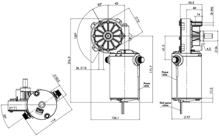 Disegno tecnico GML-77-43-Z3-X-H Motoriduttori CC diametro 77 - Interasse 43 - Elvi
