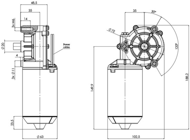 Disegno tecnico GMR-63-P-35-Z1-A Motoriduttore CC diametro 63 interasse 35 - Elvi