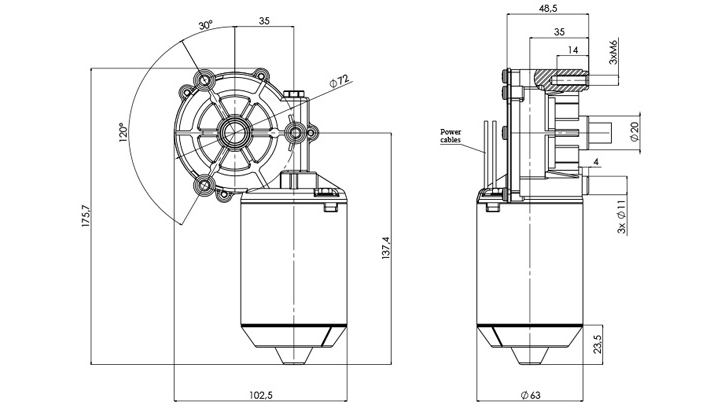 Disegno tecnico GML-63-35-Z1-A Motoriduttore CC diametro 63 interasse 35 - Elvi