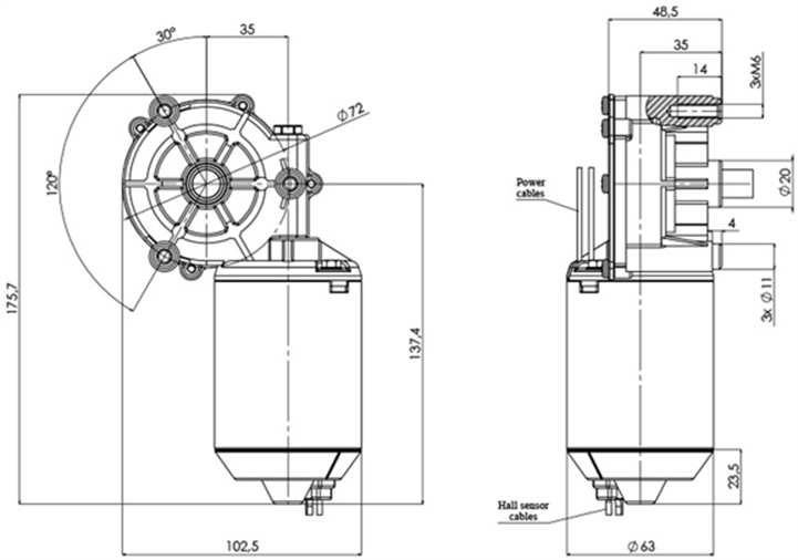 Disegno tecnico GML-63-35-Z1-A-H Motoriduttore CC diametro 63 interasse 35 - Elvi