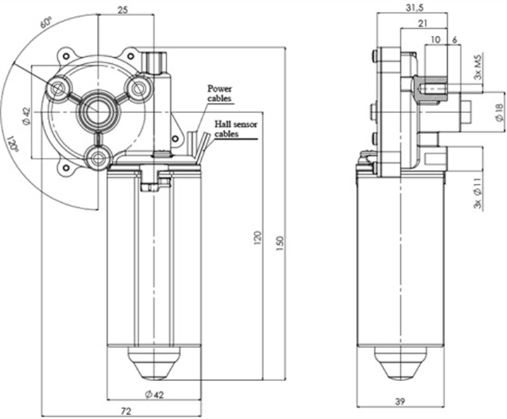 Disegno tecnico GML-42-25-Z3-H Motoriduttori CC diametro 42 interasse 25 - Elvi