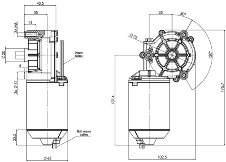 Disegno tecnico GMR-63-35-Z1-A-H Motoriduttore CC diametro 63 interasse 35 - Elvi