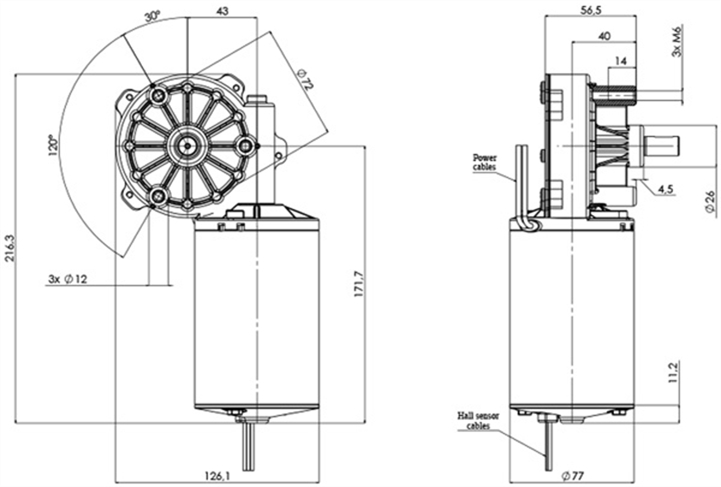 Disegno tecnico GML-77-43-Z2-H Motoriduttori CC diametro 77 - Interasse 43 - Elvi