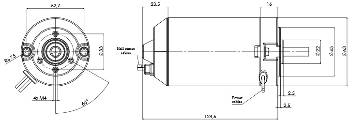Disegno tecnico M-63-P-H Motore elettrico CC Diametro 63 -Elvi