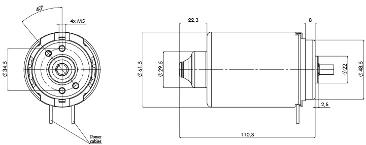 Disegno tecnico M-61,5-P-H Motore elettrico CC Diametro 61,5 -Elvi
