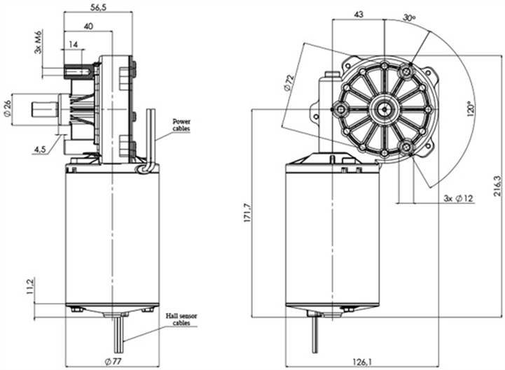 Disegno tecnico GMR-77-43-Z3-H Motoriduttori CC diametro 77 - Interasse 43 - Elvi