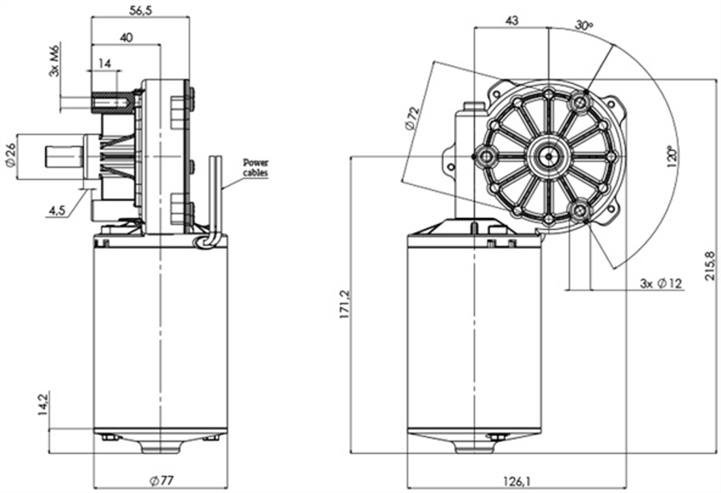 Disegno tecnico GMR-77-43-Z1-B Motoriduttori CC diametro 77 - Interasse 43 - Elvi