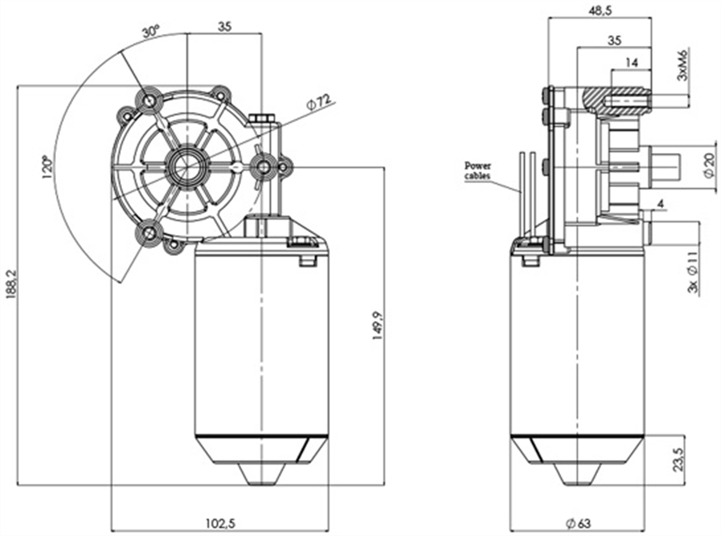 Disegno tecnico GML-63-P-35-Z1-A Motoriduttore CC diametro 63 interasse 35 - Elvi