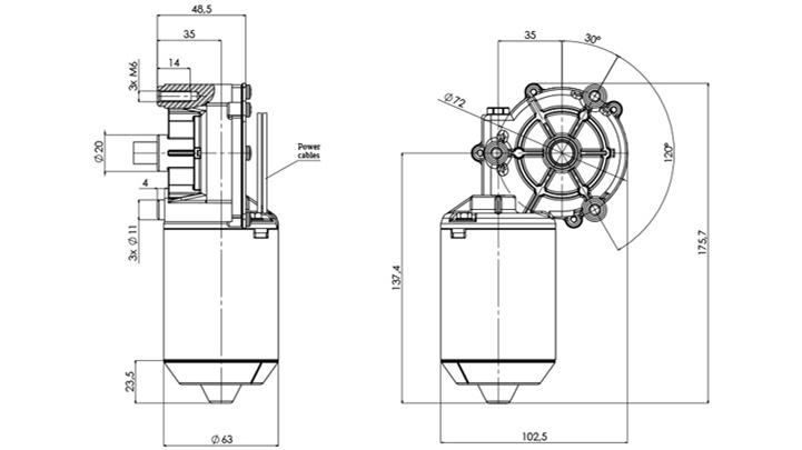 Disegno tecnico GMR-63-35-Z1-B Motoriduttore CC diametro 63 interasse 35 - Elvi
