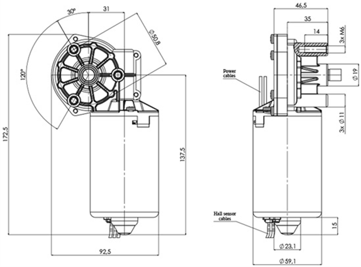Disegno tecnico GML-59-31-Z3-H Motoriduttori CC diametro 59 interasse 31 - Elvi